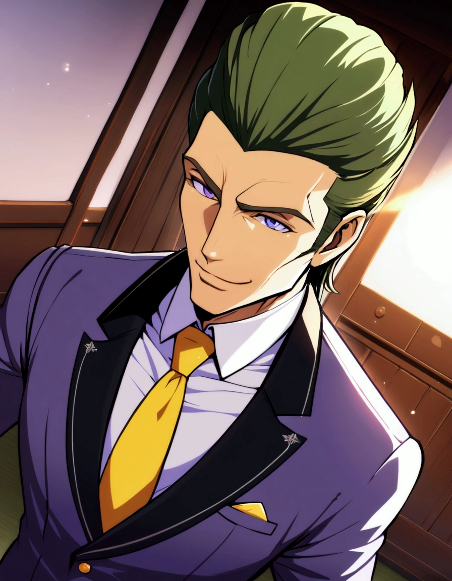 1man, (mature father in old hentai CG style, dandy president, moss olive hair, deepblue eyes, arafed spiky hair slicked back, businessman hairstyle), ideal ratio body proportions, BREAK (over 30s, elder producer, toned dilettante, high cheekbones, broad shoulder, square shaped face, handsome, beautiful detailed eyes, under 40s), BREAK (violet formal jacket, purplewhite shirt, yellow necktie, simple costume), BREAK solo, cool smile, smart emotion, BREAK upperlegs, romantic expression, 2000s, visual novel, in nitroplus style, BREAK depth of field, dutch angle, cinematic shadows, cinematic lighting, lens flare, light leaks, texture, absurdres absolutely resolution, extreme all detailed, greatest paint, BREAK masterpiece, best quality