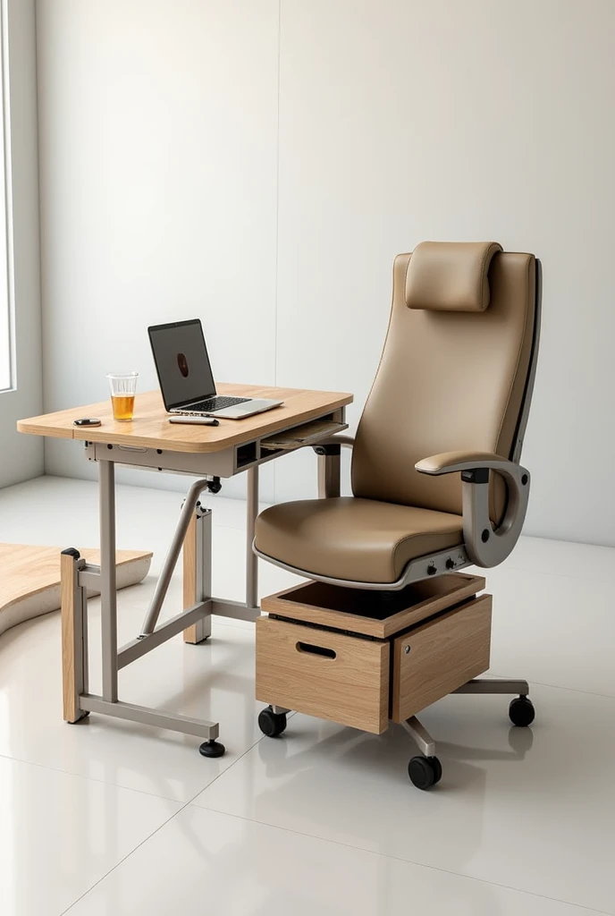 A comfortable chair with wood and synthetic leather and beige stainless steel with a computer table on the chair and a cup holder on the chair with a charger on the table for cell phones or computers and a box below to store things and the chair must have wheels