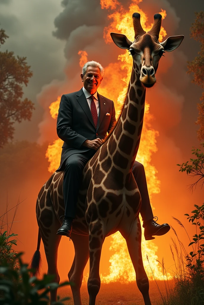 President of Brazil Luis Inácio Lula da Silva setting fire to the Amazon rainforest and smiling at the camera showing his left hand with nine fingers riding a fire-breathing Giraffe
