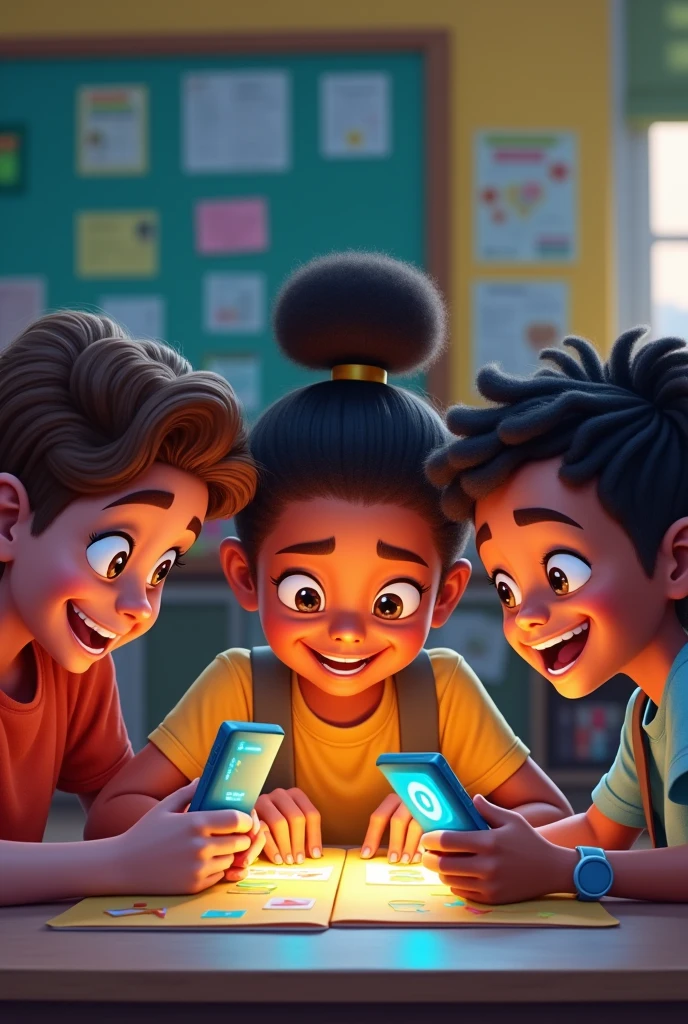 Generate me an image of some fourth grade students playing with an educational video game of language and literature, each one with a cell phone like in phones