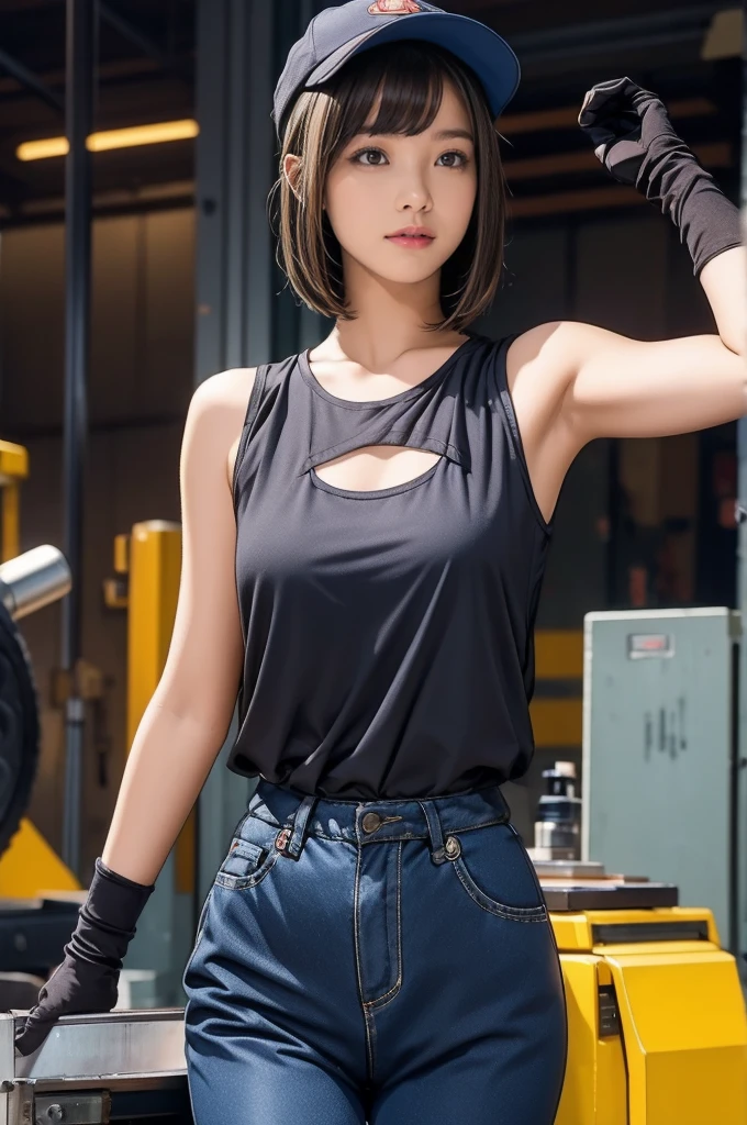 Long Shot, avert your eyes, High resolution、in the factory、Raise your arms、Show your armpits:1.4、Beautiful breasts、、Very slim、Very thin thighs、Girl worker、Working on the machine、Have the tools、Embarrassed Laugh、Tank top:1.3、Heavy duty work trousers、Wearing a sports cap、gloves、Bobcut