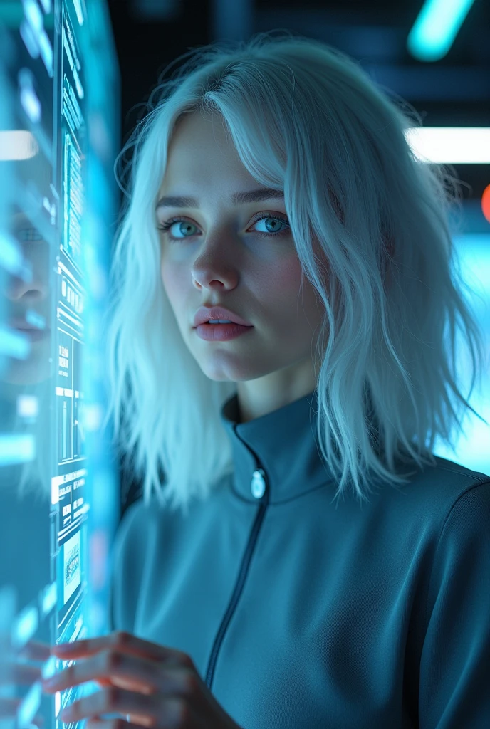 (Abstract:1.3) photo of a futuristic Swedish girl,
with silver hair, interacting with holographic
interfaces, full body framing, in a sci-fi inspired
setting, under neon lighting, on a RED digital cinema
camera, with a bokeh filter, (in the style of Hayao
Miyazaki:1.3)