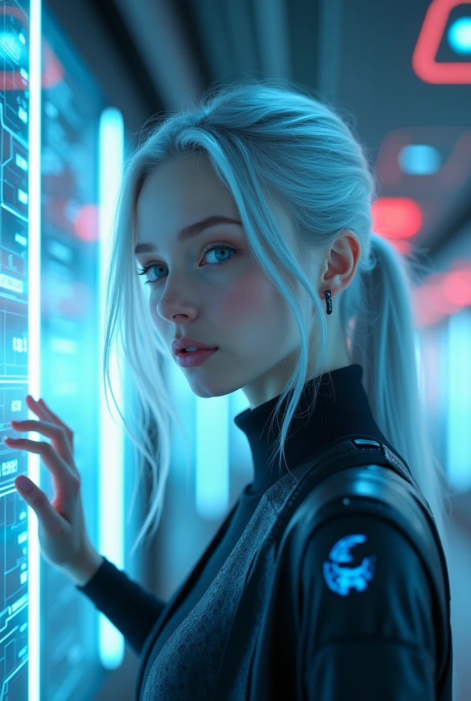 (Abstract:1.3) photo of a futuristic Swedish girl, 
with silver hair, interacting with holographic 
interfaces, full body framing, in a sci-fi inspired 
setting, under neon lighting, on a RED digital cinema 
camera, with a bokeh filter, (in the style of Hayao 
Miyazaki:1.3)