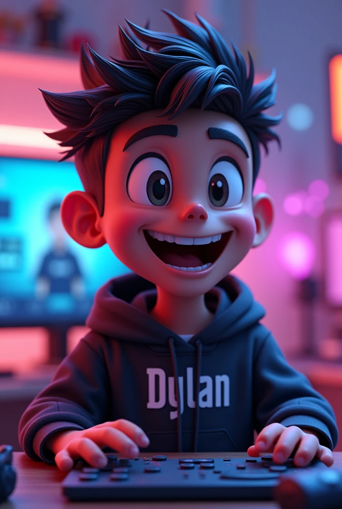 Animated gamer wearing a logo with Dylan's name