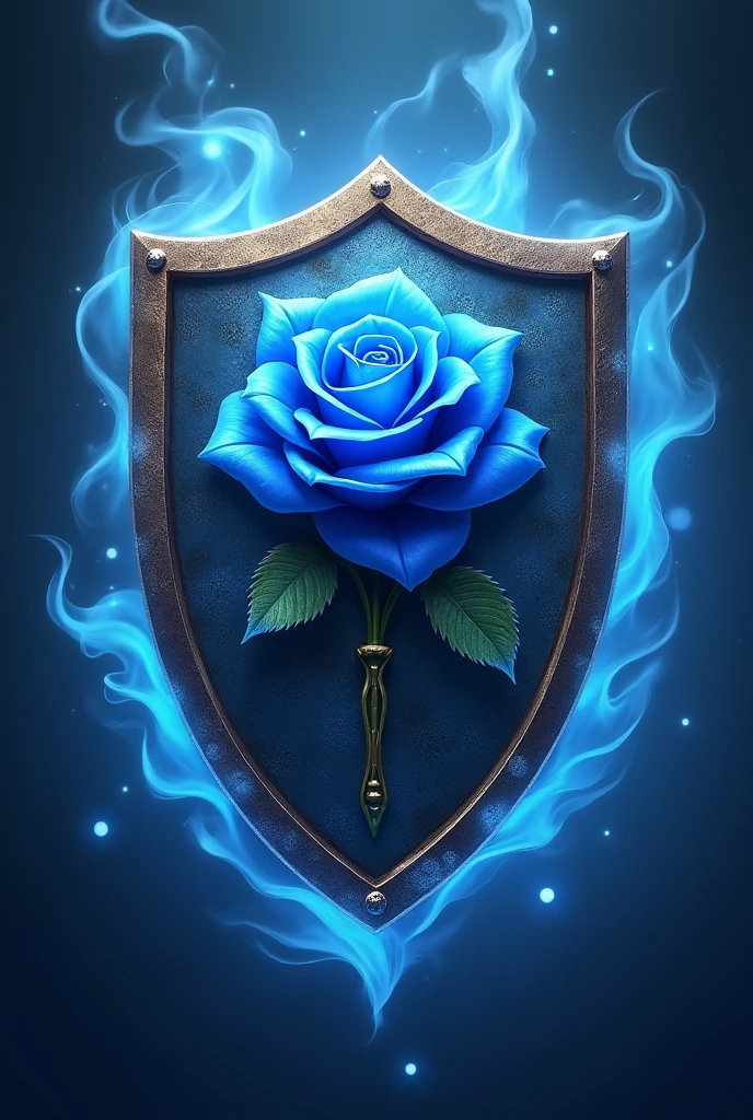 A shield with a blue rose and a magic wand