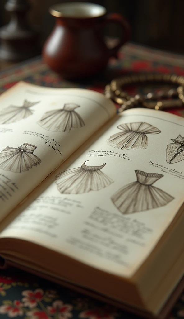 A close-up of a 1700s fashion magazine or sketchbook, showing designs for the new, simpler collars that replaced the ruff. The pages are filled with elegant drawings and notes, capturing the transition in style. The cinematic colors should highlight the artistry and attention to detail.