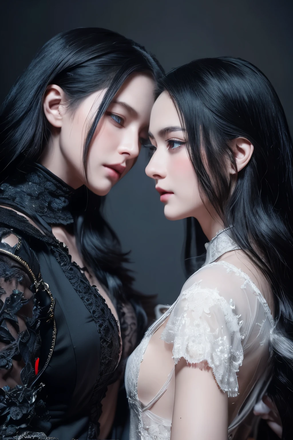 The white-haired figure places her hand gently on the cheek of the black-haired figure, who closes her eyes and leans into the touch, their expressions tender and affectionate.
"Photorealistic depiction of twin sisters with opposing color schemes, one with pale blue hair and icy blue eyes, the other with raven-black hair and fiery red eyes, both wearing elegant, dark gothic clothing and intricately detailed antlers.
cinematic lighting, extremely intricate detail character, accurate depiction of character, correct body anatomy, correct hands and fingers, extremely intricate skin and facial skin texture detail, lifelike potrayal, extremely realistic lighting, extreme dynamic pose. Extremely sharp detail without blurring.