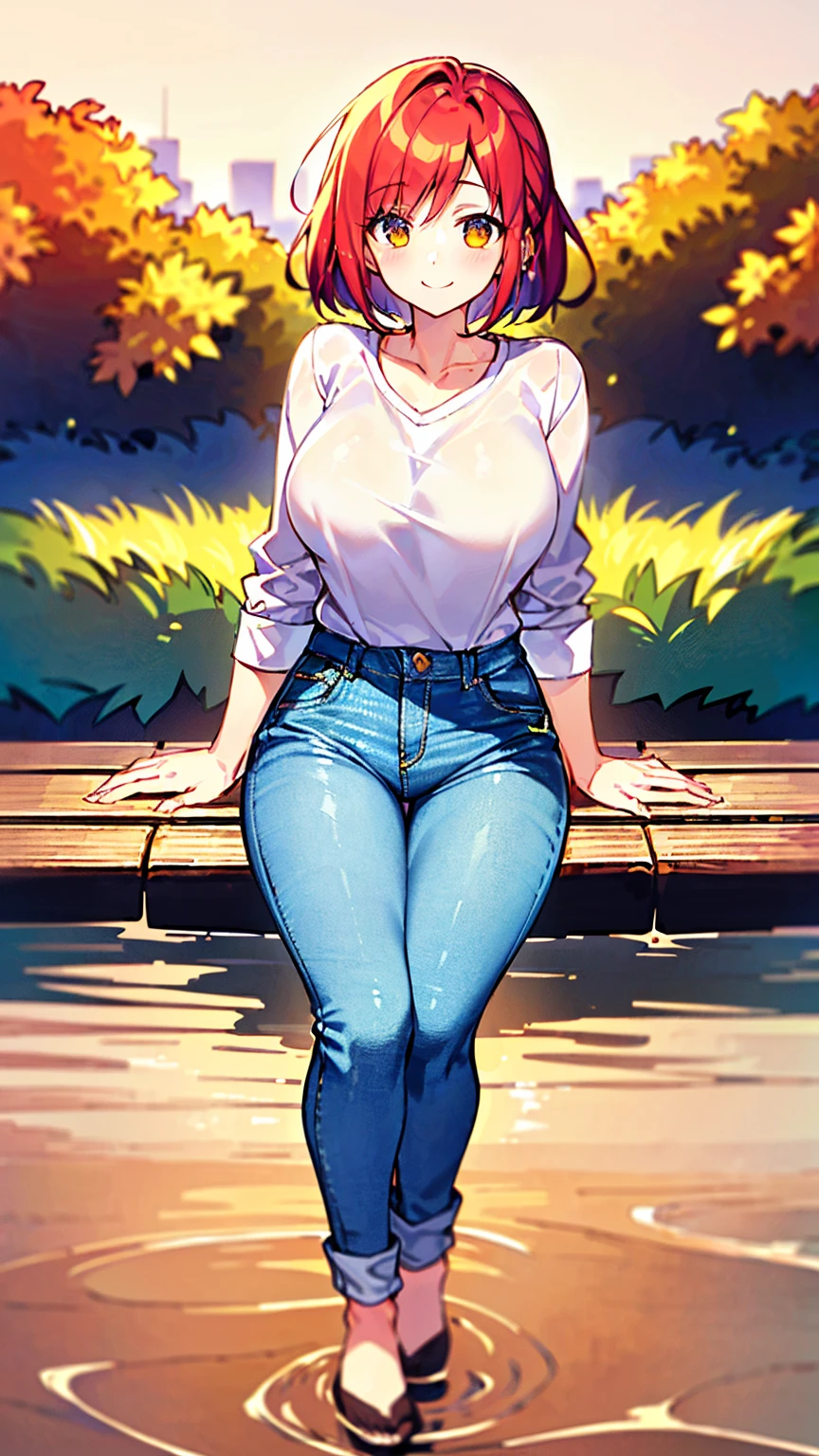 Digital Art, (, red_hair, Flowers, Baggy jeans, White shirt, A modest smile, Cute appearance), (Sit on a bench, River in the background, Golden Hour),, Written by ダニイル・スポニツキーjpegman