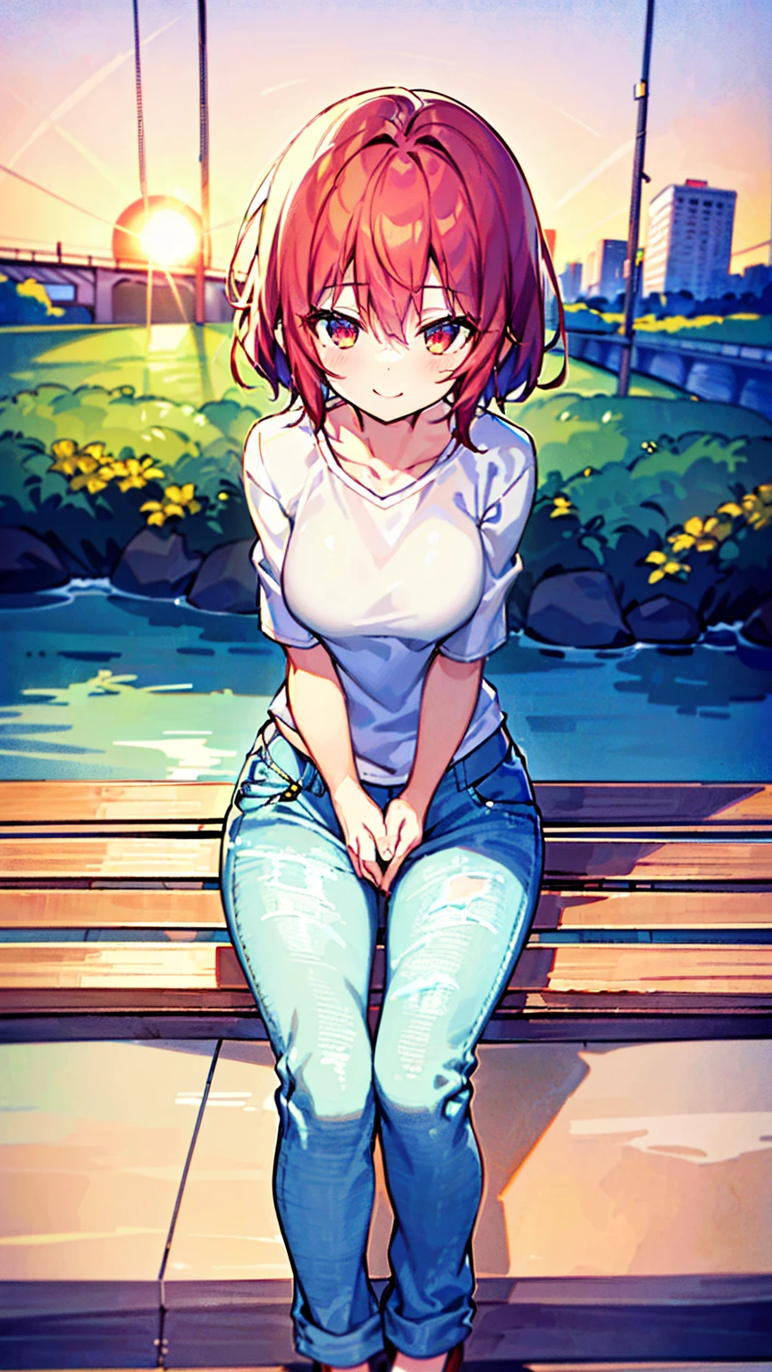 Digital Art, (, red_hair, Flowers, Baggy jeans, White shirt, A modest smile, Cute appearance), (Sit on a bench, River in the background, Golden Hour),, Written by ダニイル・スポニツキーjpegman