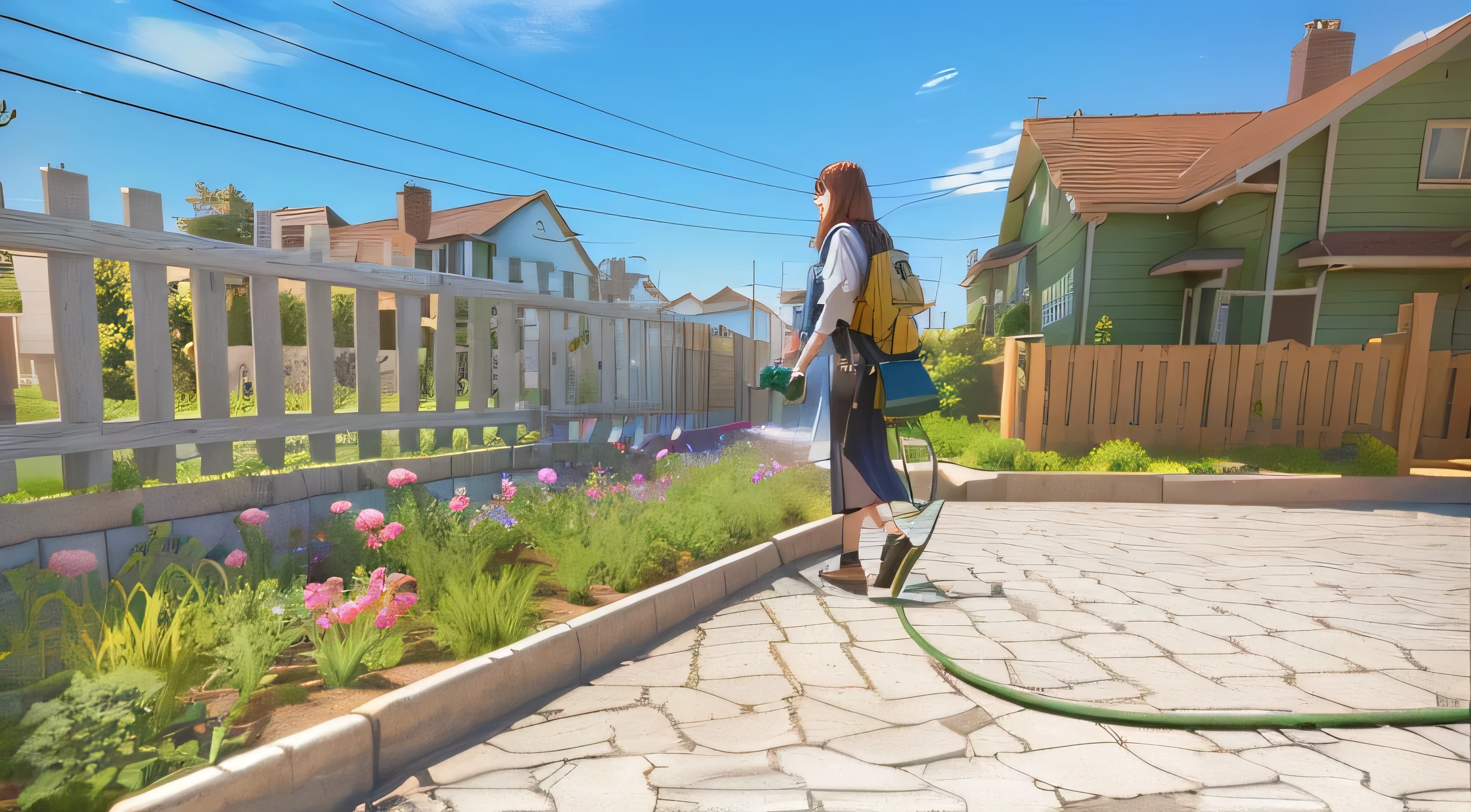 there is a woman walking a hose down a sidewalk, realistic garden, life simulator game screenshot, residential area, photorealistic screenshot, hyper detailed scene, beautiful screenshot, realistic scene, highly detailed scene, realistic anime 3 d style, gardening, springtime morning, suburban garden, walking through a suburb, 3d cg, 3 d cg, detailed photo of virtual world