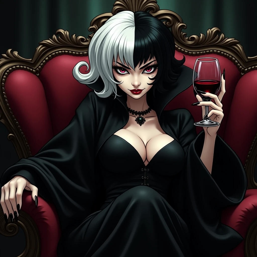 Cruella in  black and white hair in anime version wearing dark makeup and in dark villa sitting on a sofa while holding red wine