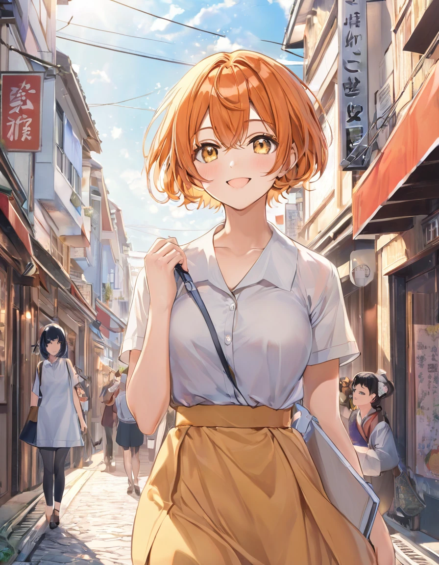 Beautiful self-confidence々Smiling adult woman、((Orange short hair))(Yellow Eyes)、(She's dressed as a sexy wizard)、Magic castle background