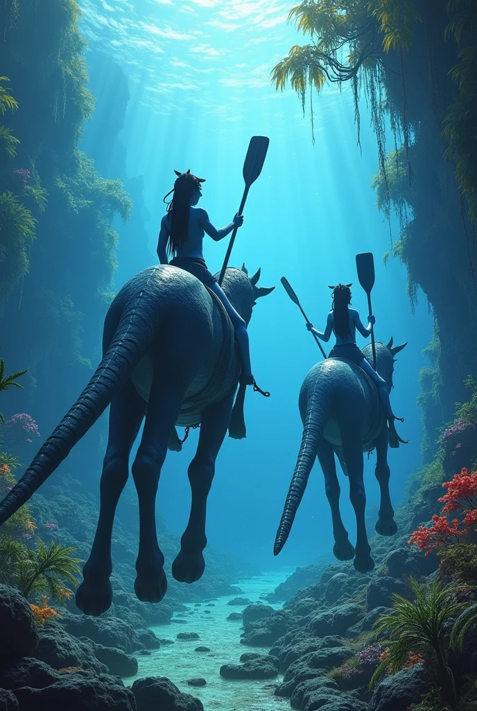 I want one that creates a fictional scene from the James Cameron movie Avatar 2, the sense of water with the water component under water with the avatars having suitable conditions for the water environment with a fin-shaped tail and paddle-shaped hands and mounted on turks are creatures here wild similar to the one shown at Lake Ness with sea creatures in the abyss and flora and fauna in the only extraterrestrial and extraterrestrial aquatic animals with extreme but tropical geography, they have a tail on their back in the shape of an oar but not horses, the avatars have a tail shaped like an oar