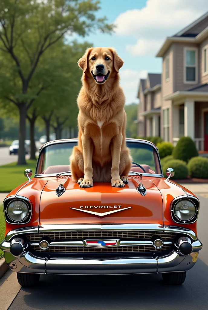 Give me a dog on top of a Chevrolet car