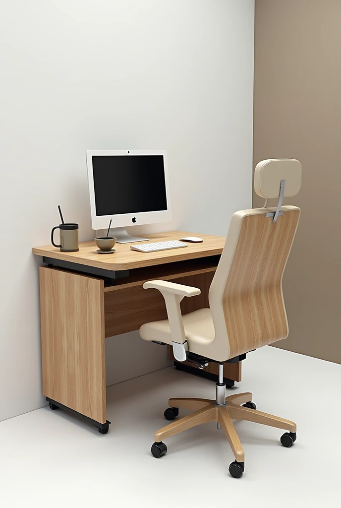 A comfortable chair with wood and synthetic leather and beige stainless steel with a computer table on the chair and a cup holder on the chair with a charger on the table for cell phones or computers and a box below to store things and the chair must have wheels 