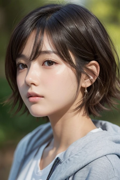 masterpiece, (photo realistic:1.2),才, young girl, puffy face, (broad jawline:1.2), shiny skin, detailed skin, (no makeup:1.2), (messy hair:1.2), short Bob Cut, front view , Extreme close up, from bottom, しかめっ面