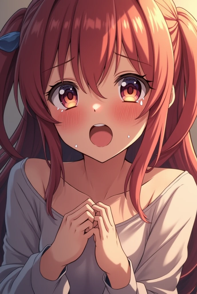 Young anime girl masturbating while tears fall from her face from the intense pleasure