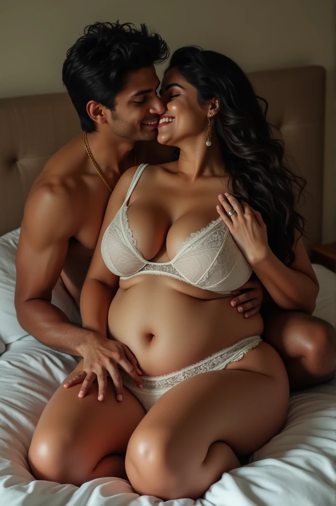A beautiful gorgeous plump Indian 40 woman wearing a bra panty, long hair, huge breasts, hot body curves, smiley face, white skin, laying on bed with 25 years handsome man