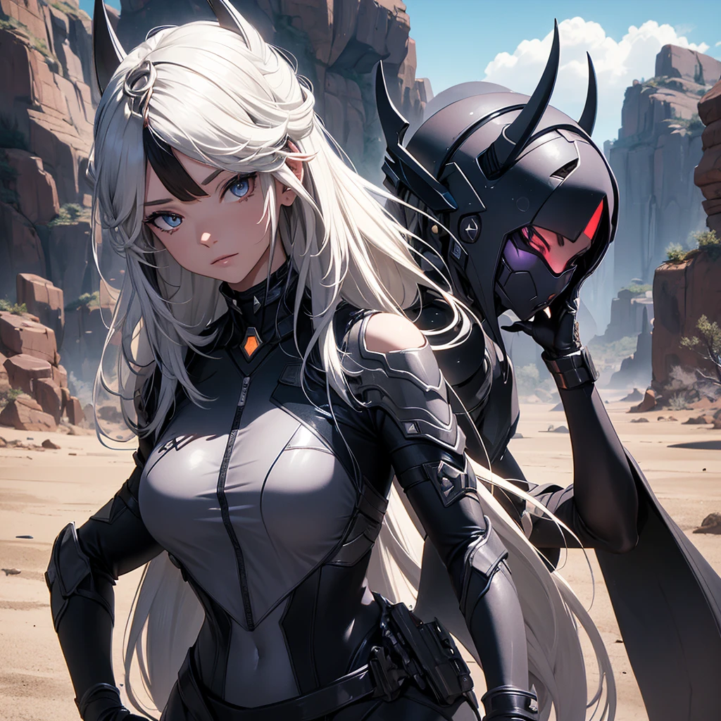 Make an alien character. She should have black clothes as technological armor., besides having futuristic horns. It should be in a desert and arid setting..
