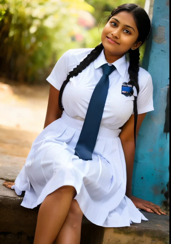 Raw photo , 1 girl ,Wearing white frock and color tie, white shoes ,sri lanka teen school girl, with plait, stand in the ground big breasts, sexy , professional photographer, spreading her legs