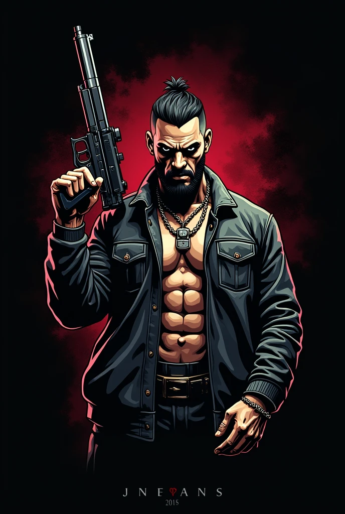 Sport logo of a gangster holding a gun and with a chain around his neck