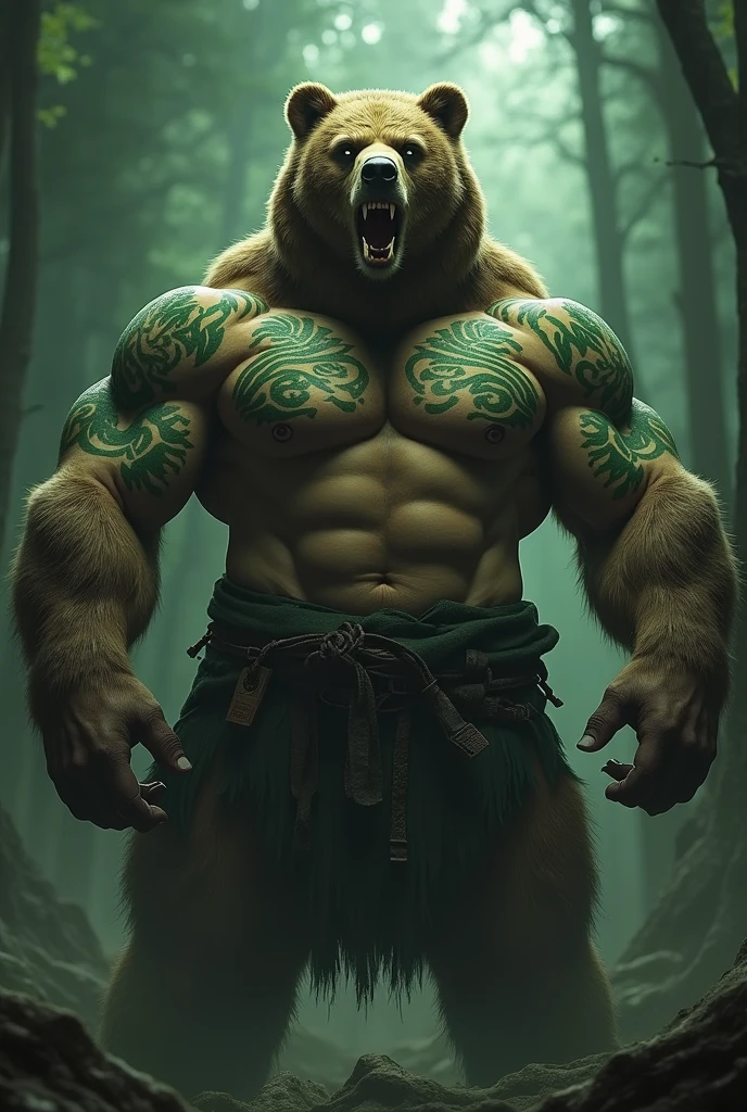 A muscular man, puffed chest and shirtless, green tattoos.he is bear head