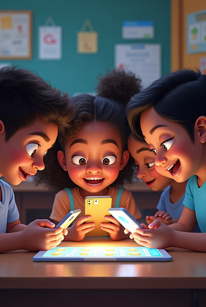 Generate me an image of some playing with an educational video game of language and literature, each one with a cell phone like in phones