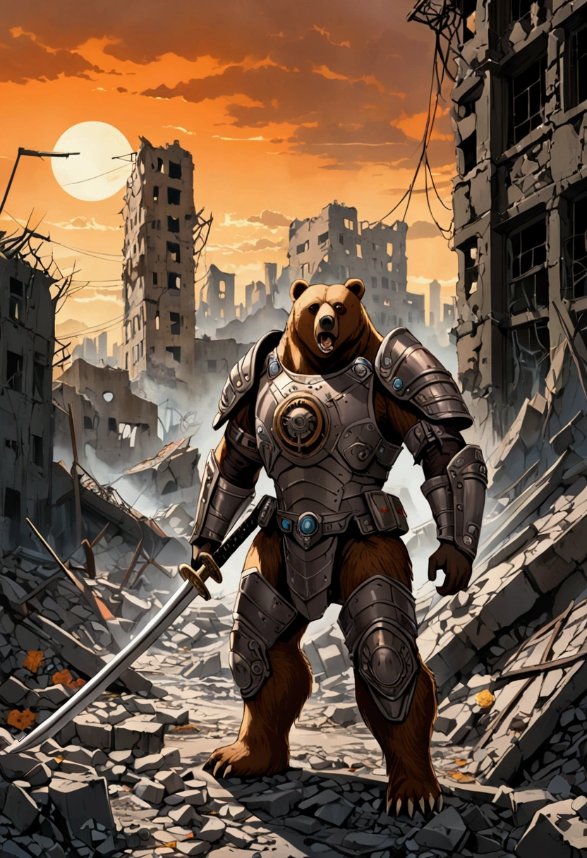 Mid-shot，Dark sci-fi style, A brown bear warrior, Sharp katana, Wearing scaly high-tech armor, Post-apocalyptic dystopian landscape,the ruined city,Rubble and ruins,GLOOMY AMBIANCE,Orange sky,Graffiti covered wall,Film composition,Ultra Detailed,masterpiece，(Style similar to Grimly),((Amazing Art Effects from Hans Haltung)),