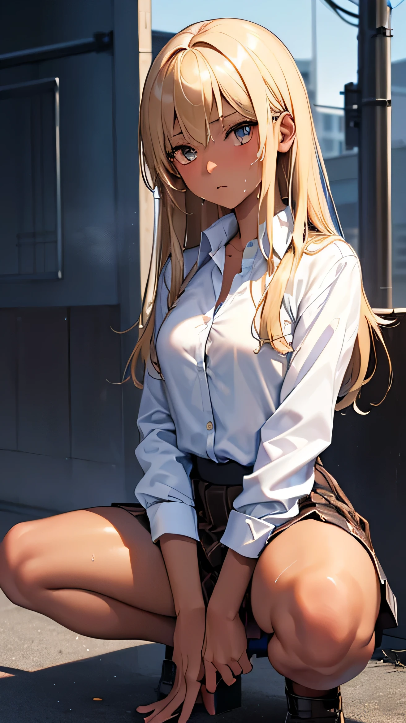 super beautiful, (((night,真night中))),((Dark atmosphere)),(whole body),((Perfect Anatomy:1.2,Realistic:1.3,RAW Photos:1.3,masterpiece、Highest quality、Ultra - High resolution、High resolution、Highly detailed CG、8k)),((attractive way to sit)),((((Crouching pose)))),1 female,alone,1、High school girl beautiful girl,Japanese,((Beautiful and graceful face and eyes:1.2,Big beautiful eyes:1.0,)),(Brighten your eyes),((Beautiful woman))、((blonde)),Long Hair,(Center parted hair:1.4,amount),Mid-chest,((The body is slim)),Small Head:1.3,skinny,(Brown Skin:1.8),(Oily skin,Glowing Skin,Glowing Skin,Sweat:1.4),(((school uniform、Dark blue blazer jacket、((White shirt))、Checkered pleated mini skirt))),(prostitution),((Showing off your bra:1.1)),((Leg spread:1.5)),Dirty back alley、Tokyo、((Turn your body forward)),(Lonely),((Feeling depressed))、Stick out your crotch、(Detailed depiction of the crotch),(Indifference),(lucky)、((Expressionless))、