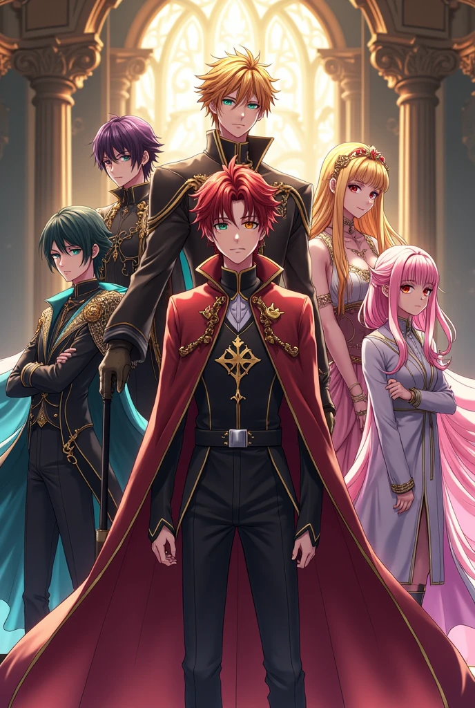 Create a group of anime character using these names    

1. Brother - Prince Frederick Blackwood (Freddy) (he had an green eyes, brown hair, hes style resembles of earth magic user)

2. Sister - Princess Bionna Scarlet Blackwood (Yunna) (she had red eyes, red hair, her style resembles of love, passion, pride, compassion, anger, hunger, immediacy, scarlet phantom)

3. Sister - Princess Diana Blackwood (Dian)
(Her eyes are resembles of yellow, her hair is blonde, her style resembles of archer and explosive magic)

4. Brother - Prince Charles Blackwood (Charlie) (his eyes are orange, his hair is pitched purple, his style resembles of benevolence)

5. Brother - Prince Benjamin Blackwood (Benji) ( his eyes are green, his hair is plain black, his style resembles of envy, jealousy, and anger)

6. Brother - Prince Aizen Grayford Blackwood (Gray)
(His eyes are dark red, his hair dark red, his style resembles of malevolence, and a black color)

7. Sister - Princess Emily Mae Blackwood (Mae Mae)
(Her eyes are blue ocean, her hair is glowing white, her style resembles of benevolence)

8. Sister - Princess Grace Blackwood (Gracie)
(Her eyes are pink, her hair is pitched Pink, her style resembles of tenderness, caring, sympathetic, sensitive, emotional, compassion, sweet, youthful, hope, inspiration, feminine, extroversion, encouragement, and love).    

Make them more majestic and mature.