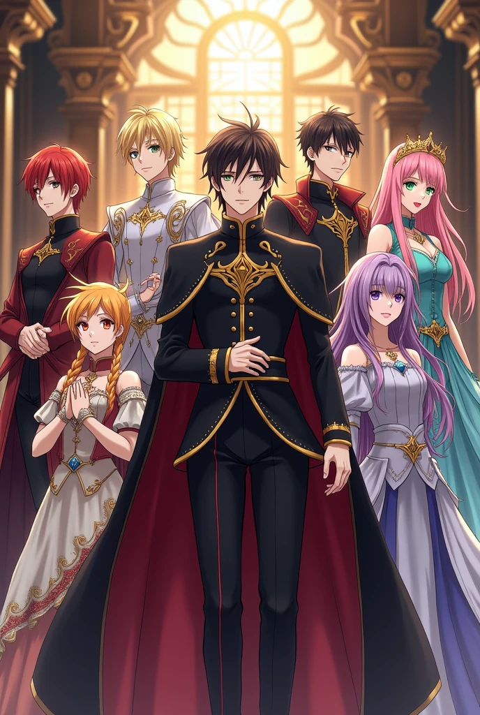 Create a group of anime character using these names
1. Brother - Prince Frederick Blackwood (Freddy) (he had an green eyes, brown hair, hes style resembles of earth magic user)
2. Sister - Princess Bionna Scarlet Blackwood (Yunna) (she had red eyes, red hair, her style resembles of love, passion, pride, compassion, anger, hunger, immediacy, scarlet phantom)
3. Sister - Princess Diana Blackwood (Dian)
(Her eyes are resembles of yellow, her hair is blonde, her style resembles of archer and explosive magic)
4. Brother - Prince Charles Blackwood (Charlie) (his eyes are orange, his hair is pitched purple, his style resembles of benevolence)
5. Brother - Prince Benjamin Blackwood (Benji) ( his eyes are green, his hair is plain black, his style resembles of envy, jealousy, and anger)
6. Brother - Prince Aizen Grayford Blackwood (Gray)
(His eyes are dark red, his hair dark red, his style resembles of malevolence, and a black color)
7. Sister - Princess Emily Mae Blackwood (Mae Mae)
(Her eyes are blue ocean, her hair is glowing white, her style resembles of benevolence)
8. Sister - Princess Grace Blackwood (Gracie)
(Her eyes are pink, her hair is pitched Pink, her style resembles of tenderness, caring, sympathetic, sensitive, emotional, compassion, sweet, youthful, hope, inspiration, feminine, extroversion, encouragement, and love).
Make them more majestic and mature.