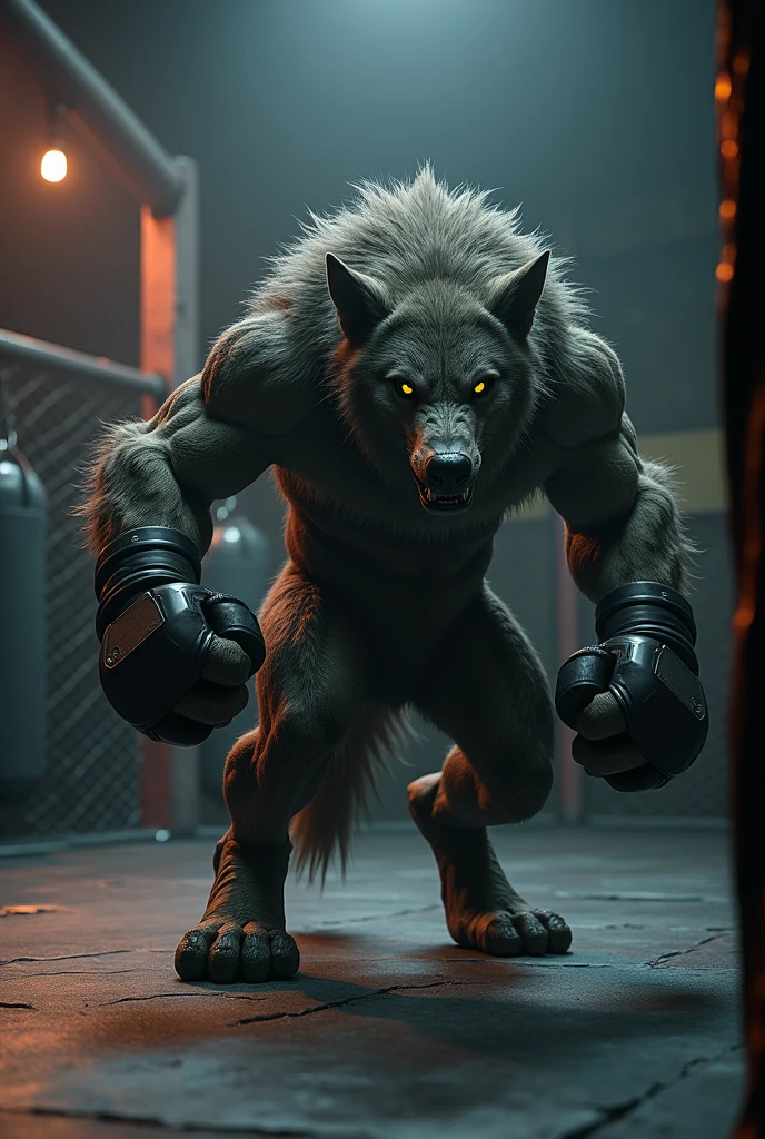 Humanoid wolf training in the shadows of an aggressive mma gym with glowing amber eyes and a scowl, show only from the waist up