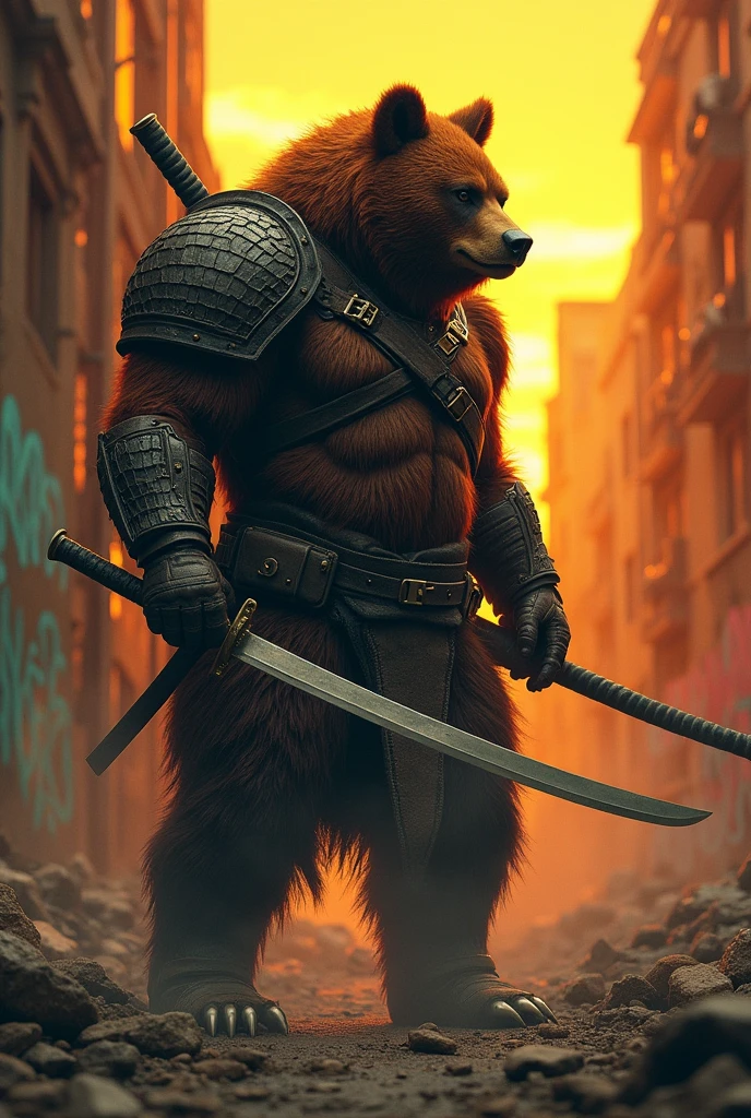 Mid-shot，Dark sci-fi style, A brown bear warrior, Sharp katana, Wearing scaly high-tech armor, Post-apocalyptic dystopian landscape,the ruined city,Rubble and ruins,GLOOMY AMBIANCE,Orange sky,Graffiti covered wall,Film composition,Ultra Detailed,masterpiece，(Style similar to Grimly),((Amazing Art Effects from Hans Haltung)),