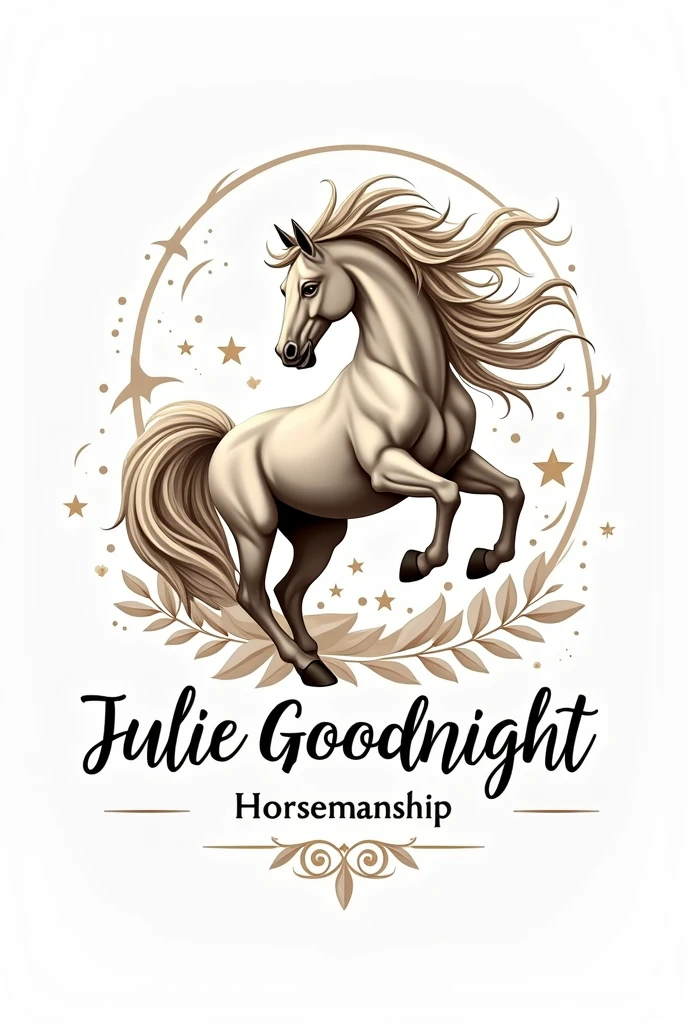 Create a luxurious and visually stunning logo featuring a majestic horse with an elegant, flowing mane and tail. The horse should be portrayed in a powerful yet graceful pose, showcasing its muscles and grace. Surround the horse with subtle, artistic embellishments like swirls, stars, or foliage to add a sense of movement and elegance. Include the text "Julie Goodnight Horsemanship" in a sophisticated, cursive font that complements the horse's elegance. The overall design should have a modern and upscale feel, with intricate details and a harmonious color palette that makes the logo look exquisite. Ensure the design has a transparent background for versatile use.