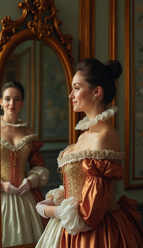 A scene depicting a noblewoman admiring herself in a large mirror, dressed in the latest early 18th-century fashion. Her gown is elegant, and her collar is small but finely detailed, reflecting the new trend. The colors should be bright and cinematic, emphasizing her satisfaction.