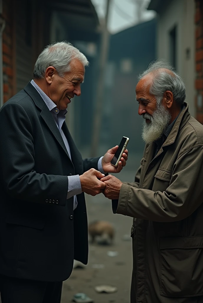 A man donates money to a poor man and takes a picture of the moment with his phone