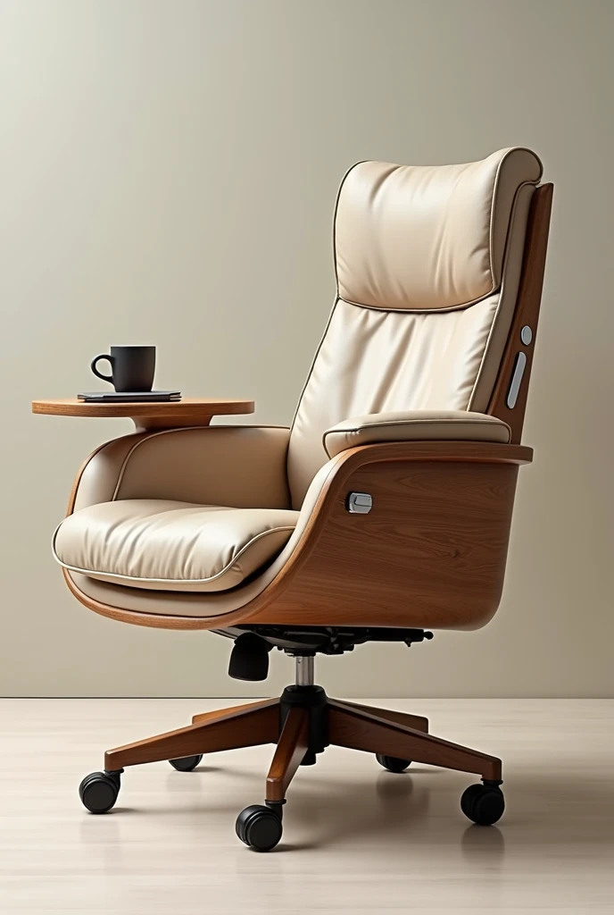 A comfortable chair with wood and synthetic leather and beige stainless steel with a table integrated into the chair for the computer and a cup holder on the chair with a charger on the table for cell phones or computers and a box below to store things and the chair must be with wheels 