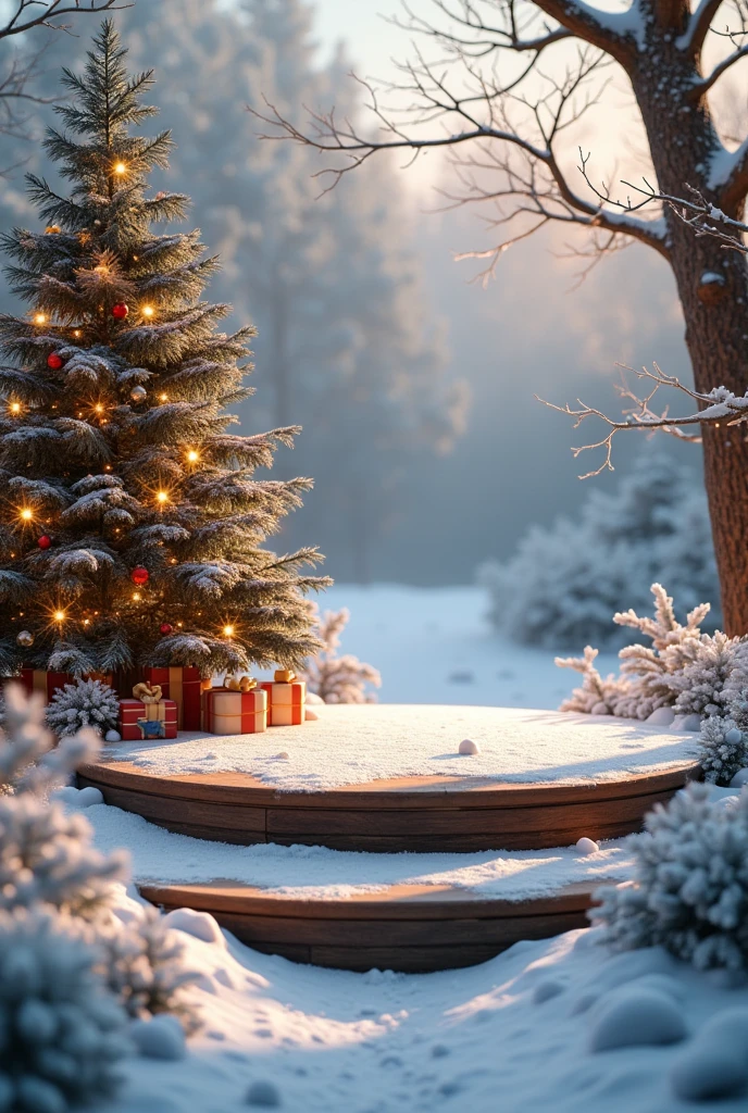 stage support wood , around snow with christmas tree, with vanilla and cinnamon in the air 