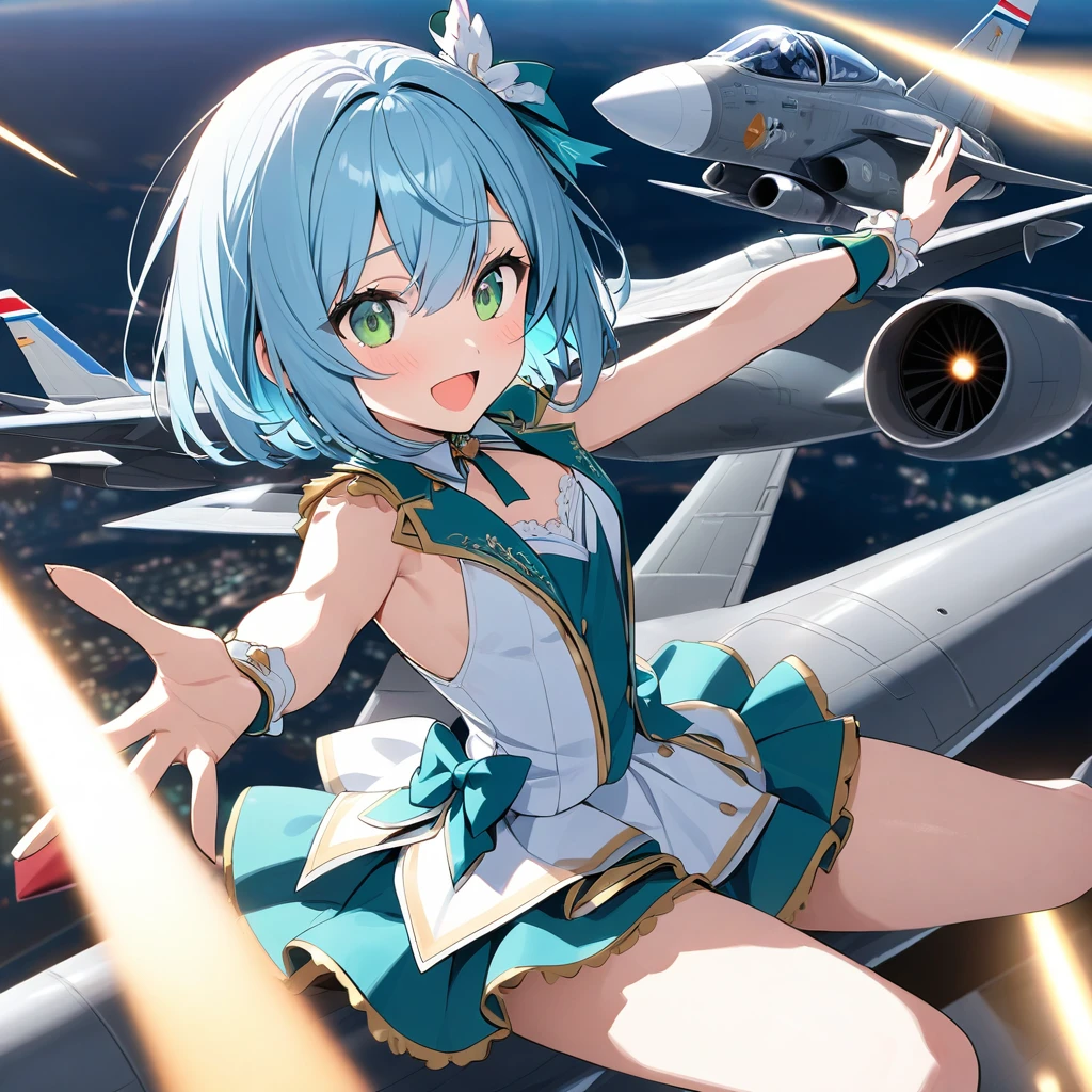 Highest quality、Light blue hair、Short Bob、Deep green eyes,25years old,,small breast,Gorgeous idol costumes、Singing on a fighter jet,null