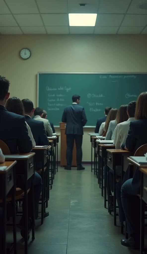 In the style of real movies,Exam in the classroom,Students sit at desks with their backs to the camera and answer questions seriously,Podium,blackboard,The invigilator stood in the middle of the aisle with his back to the camera, looking down to see if any student was cheating.