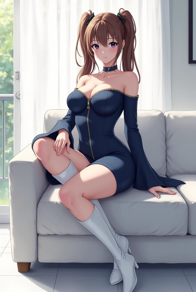 white skin, brown hair with dual ponytails, black eyes, dark blue bodycon, thick thighs, dark blue bell sleeves, white knee boots, tall figure, sitting on a couch, white living room background, fanart