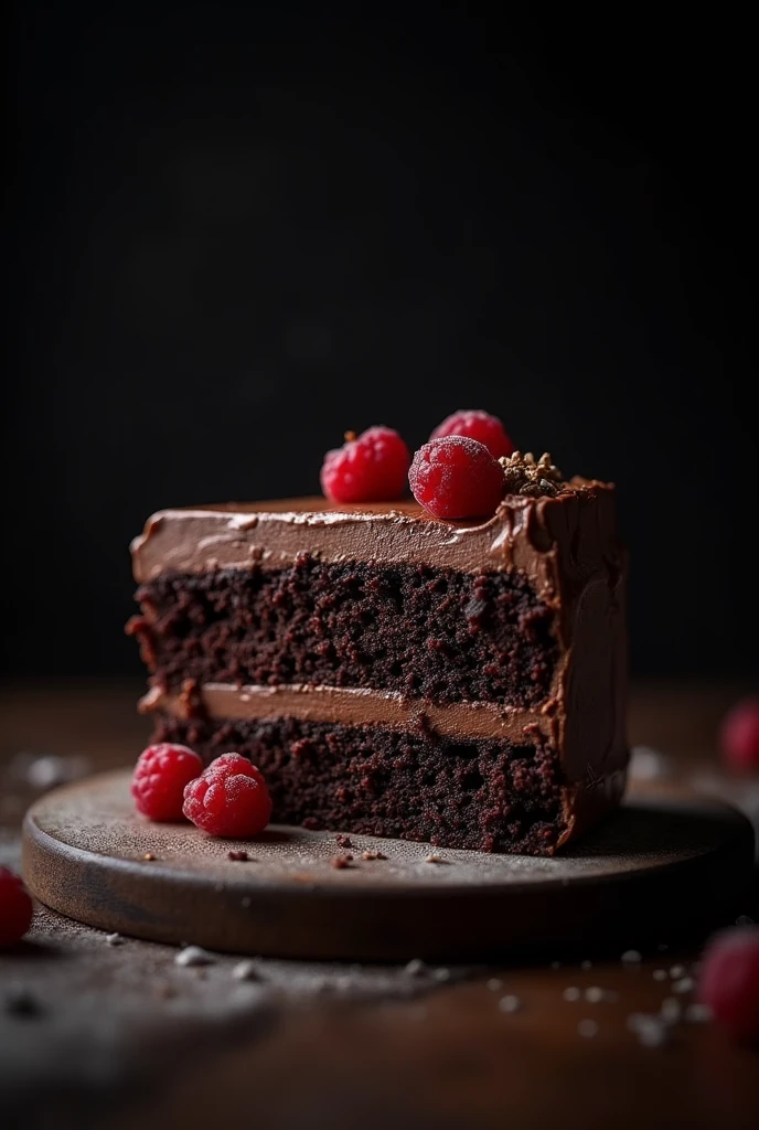 cinematic film still chocolate, chocolate cake, dark background, quality photo, moist texture, frosting, studio photo, slice . shallow depth of field, vignette, highly detailed, high budget, bokeh, cinemascope, moody, epic, gorgeous, film grain, grainy