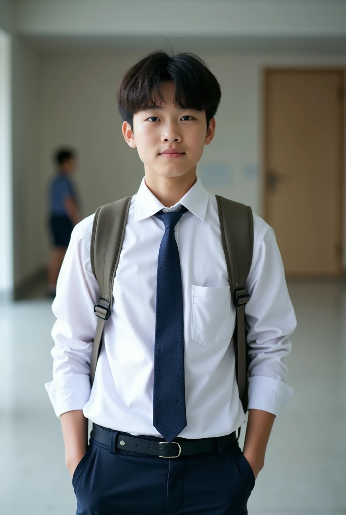 a student with only a white shirt, Navy blue tie and backpack