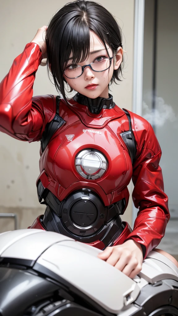 Highest quality　8k Red Robot Suit Girl　ergarten　Sweaty face　cute　short hair　boyish　Steam coming out of my head　My hair is wet with sweat　The feel of black hair　Full body portrait　My upper body is soaked　Glasses　Spread your legs　I can see the vagina　Leaning my back and doing a bridge　