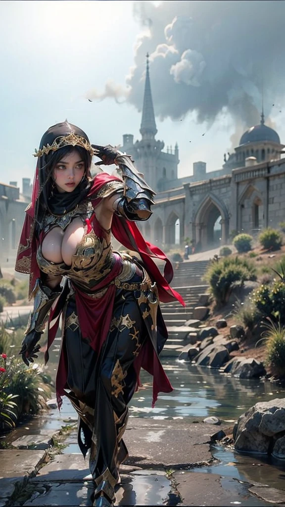 photorealistic, high resolution, 1 girl, hips up, long straight black hair, beautiful eyes, normal , dark souls style, armor, black hijab, black niqab, golden embroidery, ultra detailed armpit, sweaty armpit, wet, muscular, desert castle, backlighting,