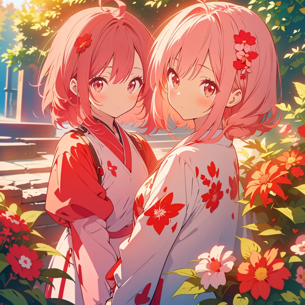 kawaii, anime, Cute, hyper quality, highly detailed, 8k, Clarity, Draw facial expressions in detail, A young girl with short light pink hair and scarlet eyes., Housenka, red balsam, Impatiens balsamina,