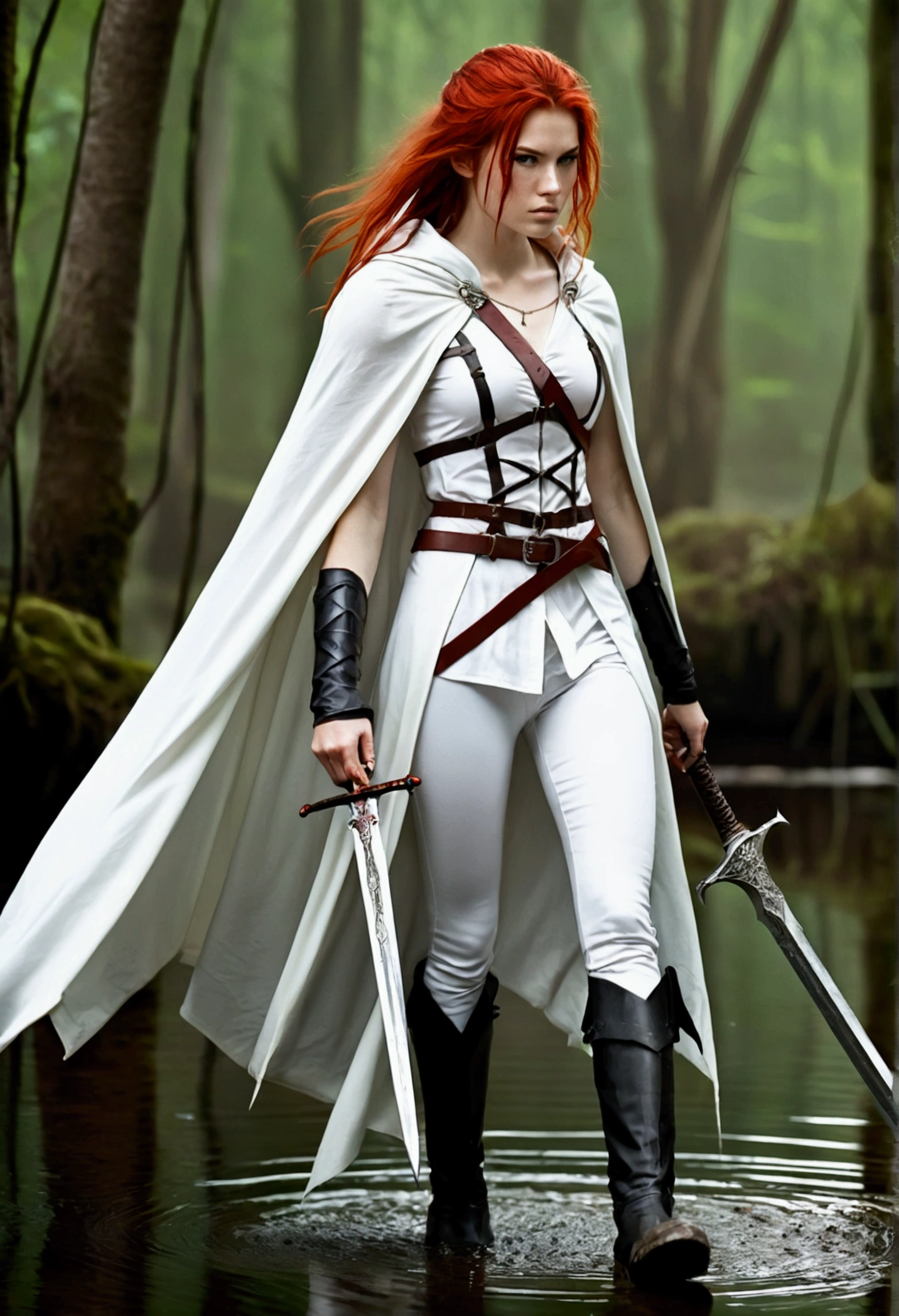 a young human woman with spiky red mane and white tight clothing of shirt and pants and boots and cloak with a greatsword at her back walking in a swamp of a fantasy world