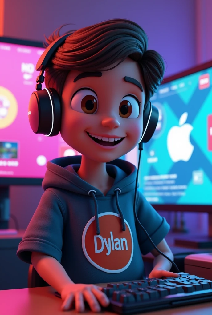 Animated gamer wearing a logo with Dylan's name