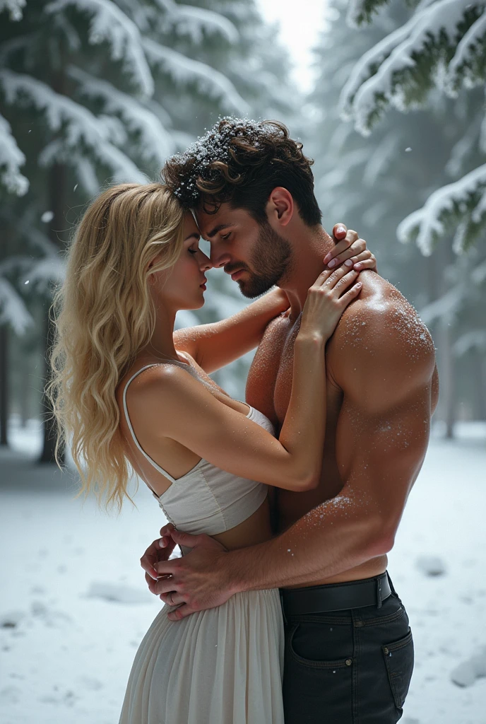 [ultra realistic] blonde, little naked,  twin siblings, young-looking twin couple, boy and girl, love, close to each other, romantic, winter morning, pretty, aryan fenotype, boy with delicate facial features, visible whole posture with feet, sexual tension looking, little nervous smiles, happy, in sexual position cowgirl