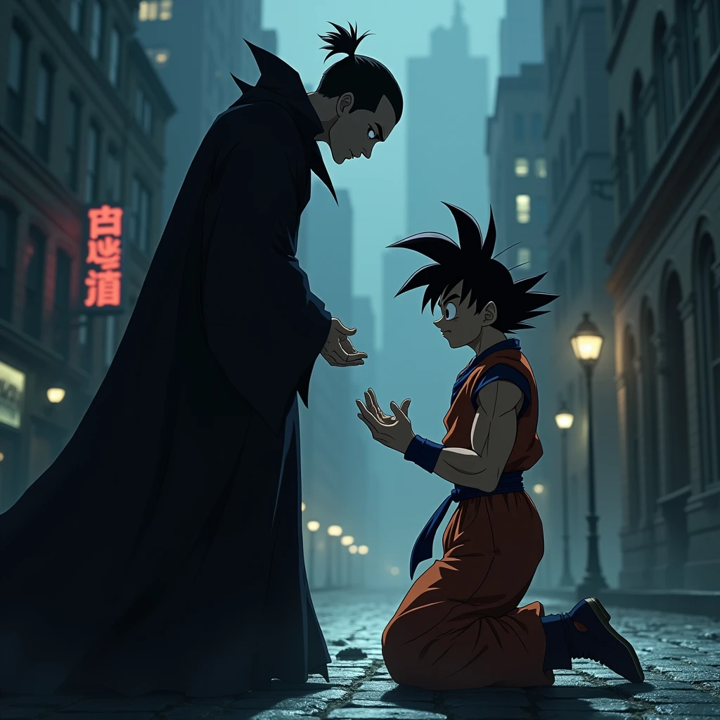 Draw Goku sadly begging a vampire in a dark city